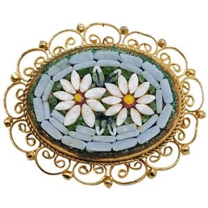 Italian Micro Mosaic Brooch Gold Tone Filigree Blue White Daisy Floral Pin Vtg